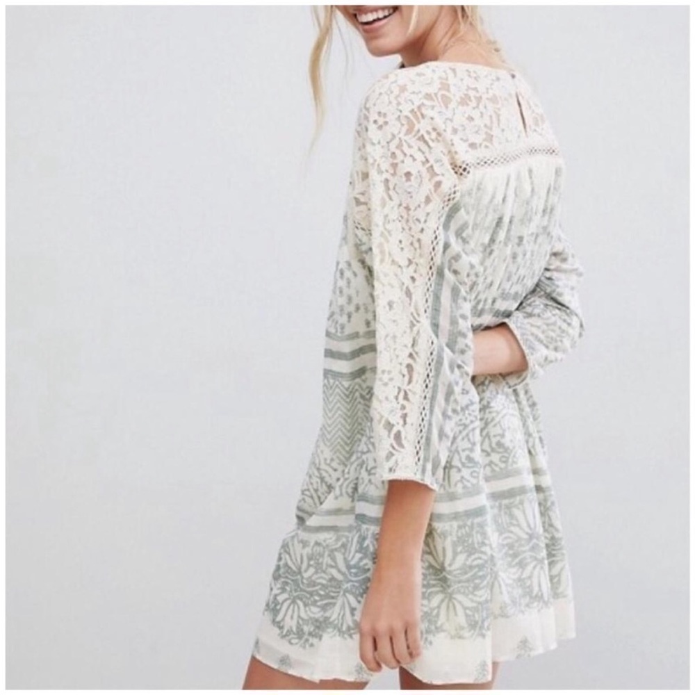 Free People Sun Daze NWT Sage Ivory Lace Panel Shift Printed Lined Tunic Dress S - Picture 5 of 8